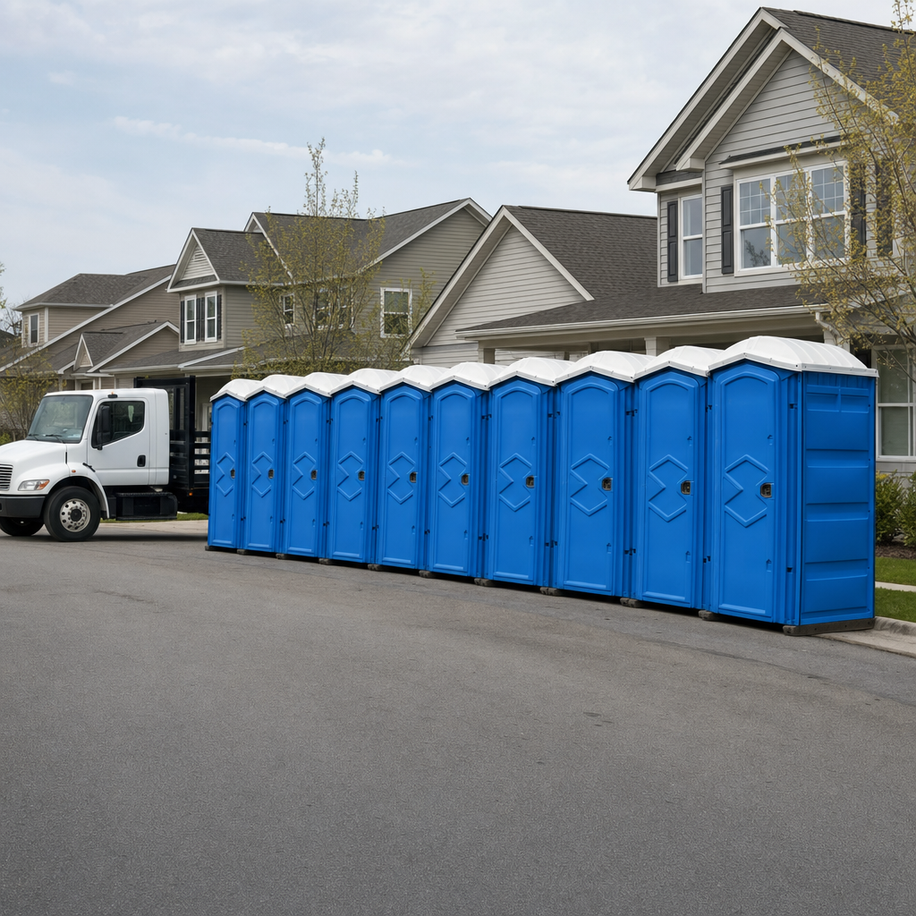 Royal blue portable toilets staged in a tidy row at a Grand Rapids jobsite, ready for delivery